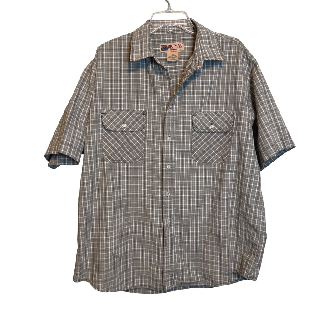 Big Mac Mens Large Olive Green Plaid Short Sleeve Button Up Workwear Shirt L/G